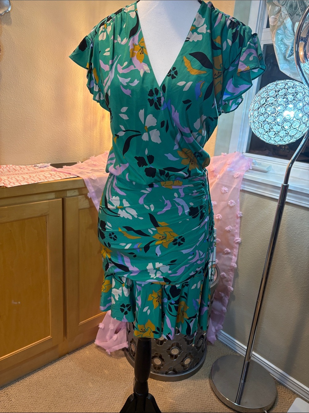 Veronica Beard Maria Floral Ruched Faux-Wrap Silk Mini Dress Green